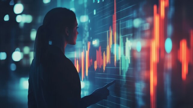 A business professional analyzing data charts with bar graphs, symbolizing market trends and financial strategies.