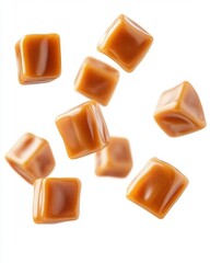 Flying Caramel Cubes Isolated on White Background for Sweet Advertising Campaigns