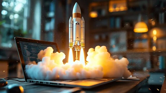 Creative startup concept with a rocket launching from a laptop