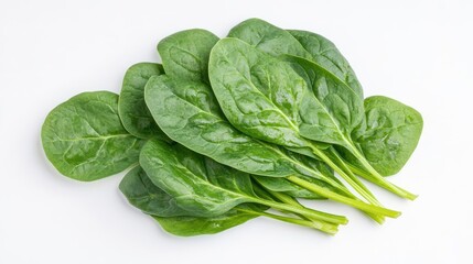 Fresh Baby Spinach Leaves Scattered on a White Surface for Healthy Meal Prep or Grocery Branding