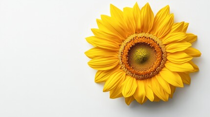 Fototapeta premium A vibrant sunflower against a plain background exudes warmth and positivity, Ideal for use in gardening articles, wellness blogs, or as a cheerful decorative element in marketing materials,