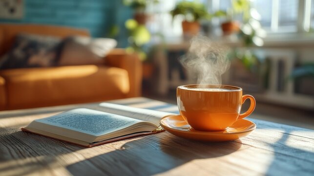 Cozy indoor setting with steaming coffee cup beside open book on wooden table in bright sunlight