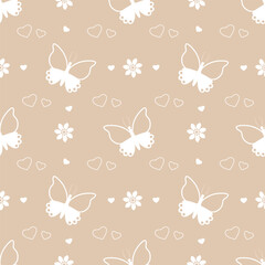 Seamless beige pattern with white butterflies, flowers and hearts