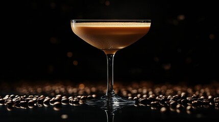 Elegant espresso martini served in a coupe glass with coffee beans on dark background