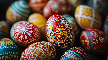 Fototapeta premium Vibrant hand-painted Easter eggs on rustic wood, Close-up of a row of beautifully decorated Easter eggs, showcasing various intricate floral and patterned designs in vibrant colors.