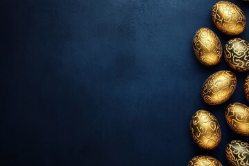 Modern Easter background with navy blue texture, gold detailing, and stylish Easter egg patterns