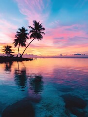 Summer seascape with palm trees and sunset sky. stunning panoramic tropical sunset with palm trees and bright colorful sky over a serene ocean horizon. copy space