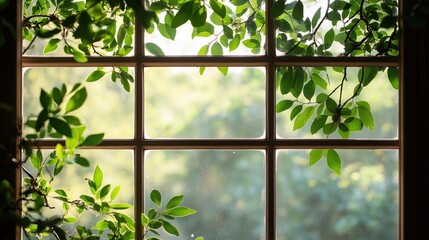 Beautiful Green Leaves Framing a Bright Sunlit Window Scene