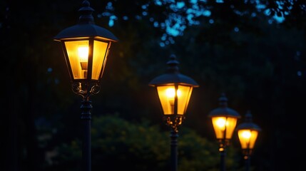 Charming Vintage Street Lamps Glow in Evening Misty Park Scene