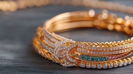Gold bracelets with gemstones on dark wood background. Use for jewelry catalog