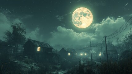 Fototapeta premium Eerie night over deserted village illuminated by full moon in misty atmosphere