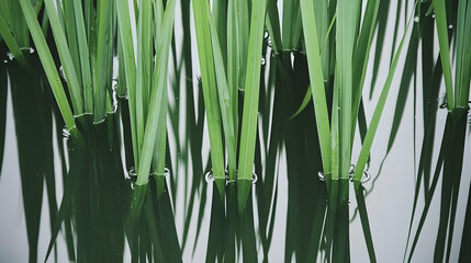 Obraz premium Lush green reeds reflected in calm water. Nature background