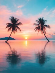 Summer seascape with palm trees and sunset sky. stunning panoramic tropical sunset with palm trees and bright colorful sky over a serene ocean horizon. copy space