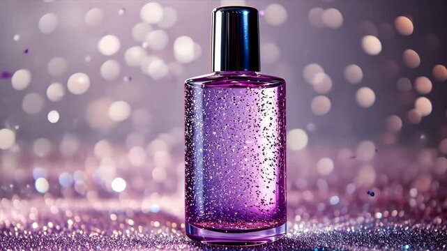 Mystical Purple Elixir: A Bottle of Enchantment on Sparkling Texture Backdrop for Purple Day.