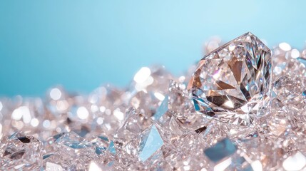 Sparkling Diamond on Crystal Pile, Blue Background