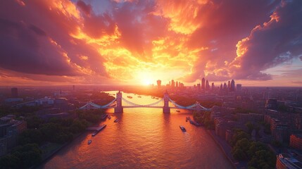 London cityscape sunset aerial view with Tower Bridge.