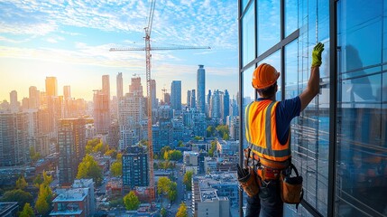 Construction Worker Cleaning Windows with City Skyline at Sunset