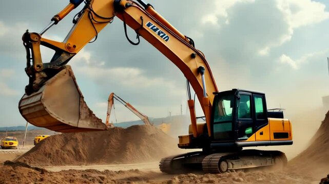A crawler excavator is working on a construction site. Construction equipment. Digging trenches and ditches by machine	
