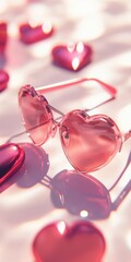 Fototapeta premium Bright pink heart-shaped sunglasses are arranged amidst a collection of small heart decorations, all sparkling under gentle sunlight, creating a cheerful and romantic atmosphere.