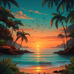 Tropical Beach, Sunset Horizon, Palm Trees, Serene Ocean, Paradise Landscape tropical beach with palm trees 4K HD Wallpape background 