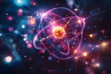 Fototapeta premium A colorful representation of an atom, featuring a nucleus surrounded by orbiting electrons and glowing particles. Concept Colorful Atom Model, Nucleus and Electrons, Glowing Particles