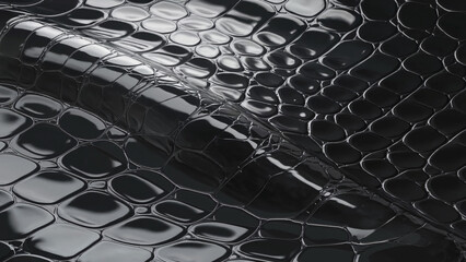 A close-up of a technological glossy surface with a texture reminiscent of reptile skin or liquid metal