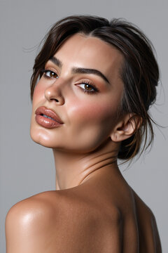 A high-resolution close-up portrait of a woman with radiant skin, defined eyebrows, and warm-toned makeup. Soft lighting enhances her natural beauty.  
