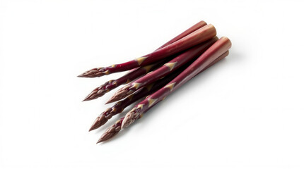 A bunch of asparagus with a white background. The asparagus are long and thin, and they are all the same color