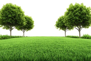 Lush green trees on grassy hill against white background