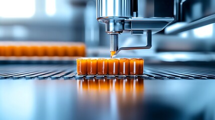 Automated manufacturing process with precision dispensing of orange liquid into rows of containers in a high-tech lab
