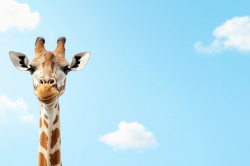 Giraffe against blue sky with white clouds background, space for text. World wildlife day