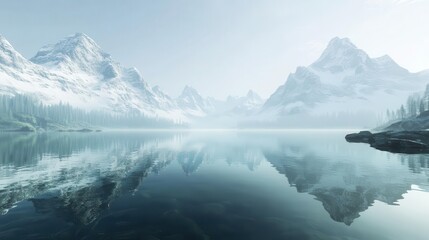 Obraz premium Majestic Lake Reflecting Snow-Capped Mountains, AI-Generated Landscape for Travel Campaigns