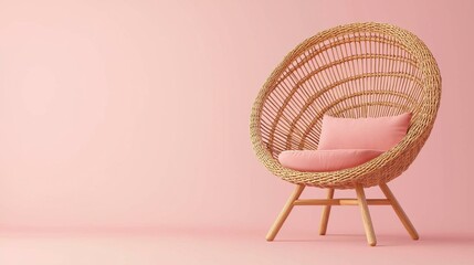 Obraz premium Comfortable Wicker Egg Chair with Pink Cushion and Pillow in a Simple Room Interior Decoration