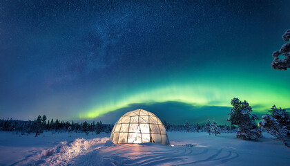 Obraz premium the mesmerizing northern lights illuminating the finnish lapland s snowy landscape with a cozy glass igloo under the aurora