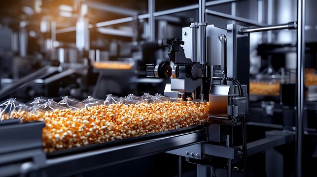 Automated packaging line showcasing vibrant popcorn bags in a modern factory setting