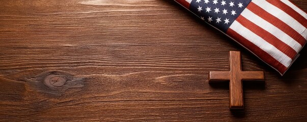 American Flag, Cross, Wooden Background