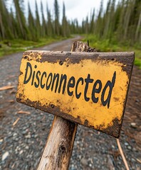 A weathered, yellow sign reading 'Disconnected' stands on a forest path, surrounded by tall trees under a cloudy sky, evoking a sense of isolation.