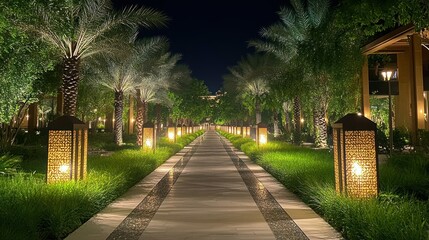 Night Illumination: Palm Tree Lined Pathway