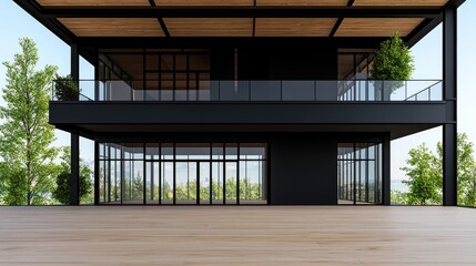 Modern black house, wooden deck, forest view, architectural design