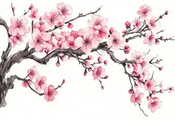 Pink Blossom Branch in Oriental Style