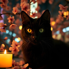 cat on the table with candles