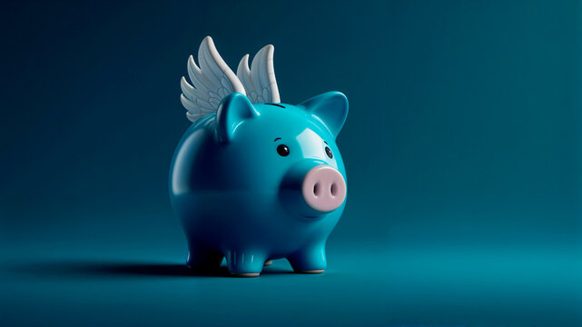 Un cerdito azul con alas representa la libertad financiera y el crecimiento de tus ahorros. Fondo azul. Ideal para proyectos sobre finanzas, metas y futuro. Imagen generada