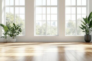 Fototapeta premium Minimalist White Room with Warm Wooden Floor and Potted Plants for Interior Design Inspiration