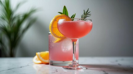 A pink cocktail with a slice of orange and a sprig of rosemary is served in a glass. The drink is garnished with a slice of orange and a sprig of rosemary, giving it a refreshing