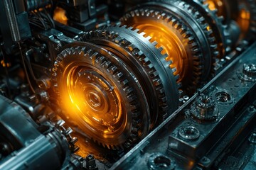Fototapeta premium Glowing gears rotating in complex machinery, industrial automation concept