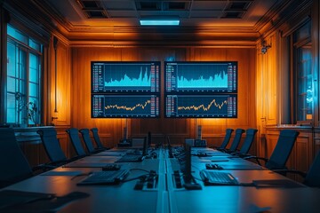 Conference Room With Data Screens And Wooden Walls