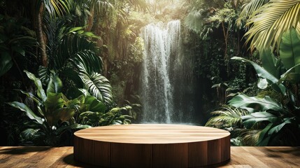 Tropical waterfall backdrop, wooden display, jungle setting, product showcase