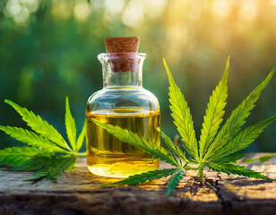 CBD oil extracts in a jar with leaves, concept medical.