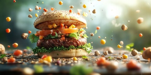 Alternative protein sources lab-grown meat burger outdoor setting food