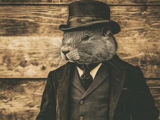 Old School Style Musk Rat in a Dapper Hat, Sepia Tone with Gangster Vibe Inspired by Peaky Blinders